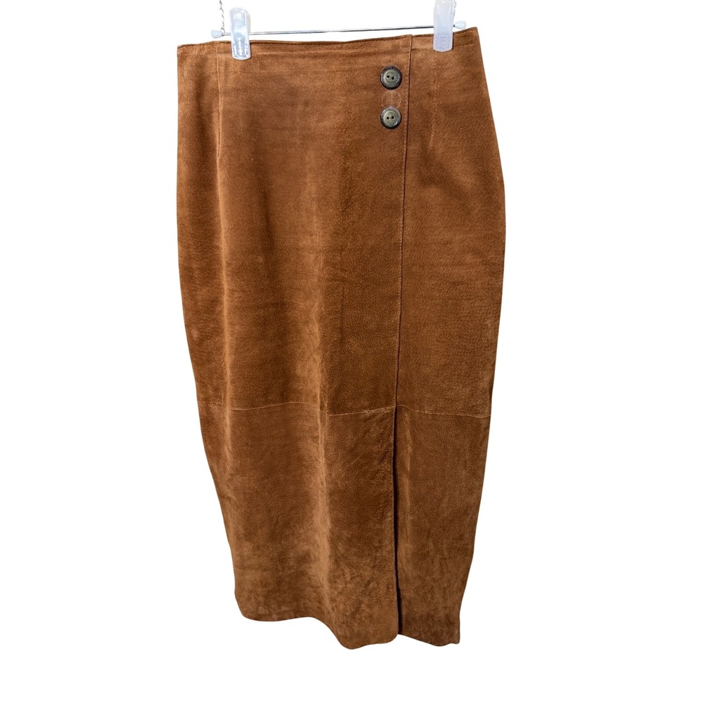 Casual Corner Vintage Brown Suede Leather Midi Skirt Side Button Size 4